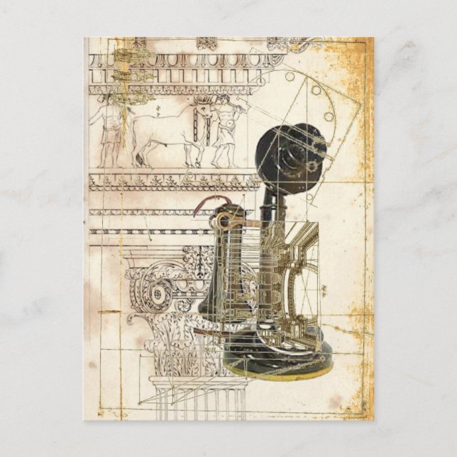 Cartão Postal arquitetura steampunk antiga vintel telefone (Frente)
