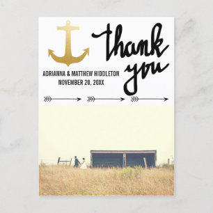 Cartão Postal Arrows Faux Gold Foil Anchor Casamento Obrigado