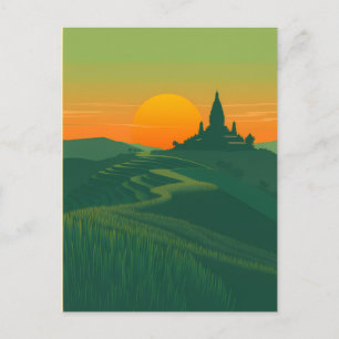 Cartão Postal Arrozais ao Pôr do Sol e Paisagem Antiga do Templo