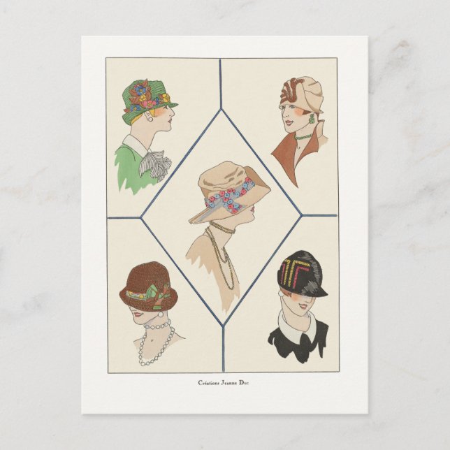Cartão Postal Art Deco Fashion Design Women in Hats, 1920 (Frente)
