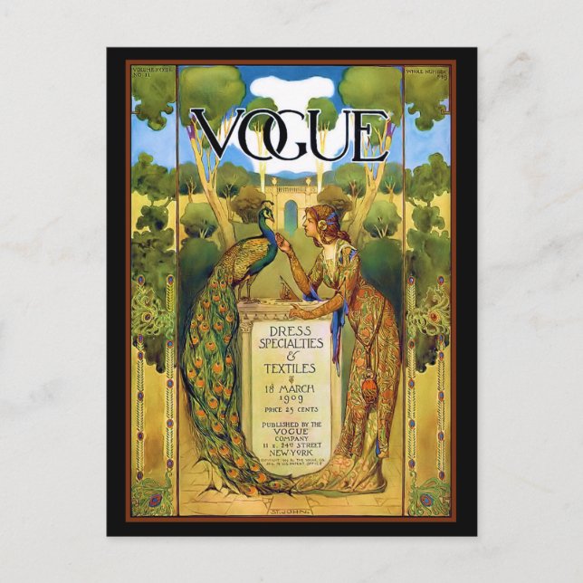 Cartão Postal Art Deco Lady com Pavão no Jardim (Frente)