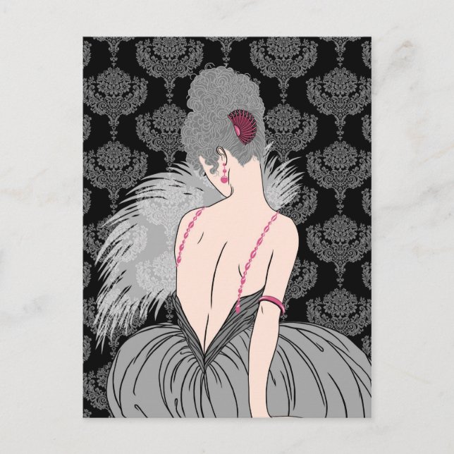 Cartão Postal Art Deco Lady with Damask - BIANCA: Cinzas de inve (Frente)