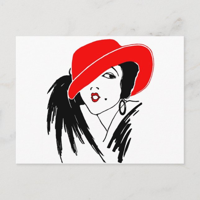 Cartão Postal Art Deco Linda Mulher Red Hat (Frente)