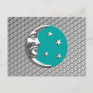 Cartão Postal Art Deco Moon e estrelas - Turquesa e Prata