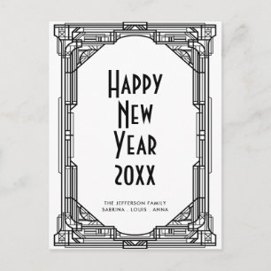 Cartão Postal Art déco preto e branco Feliz Ano Novo