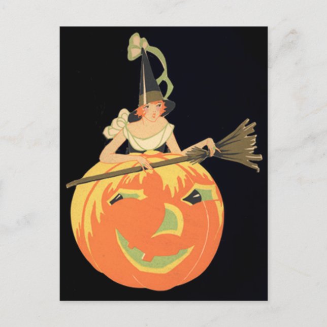 Cartão Postal Art Deco Witch Jack O Lantern Pumpkin Broom (Frente)
