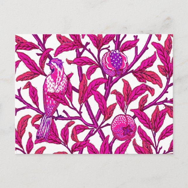Cartão Postal Art Nouveau Bird e Pomegranate, Fuchsia e Violet (Frente)