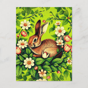 Cartão Postal Art Nouveau Coelho selvagem e flores