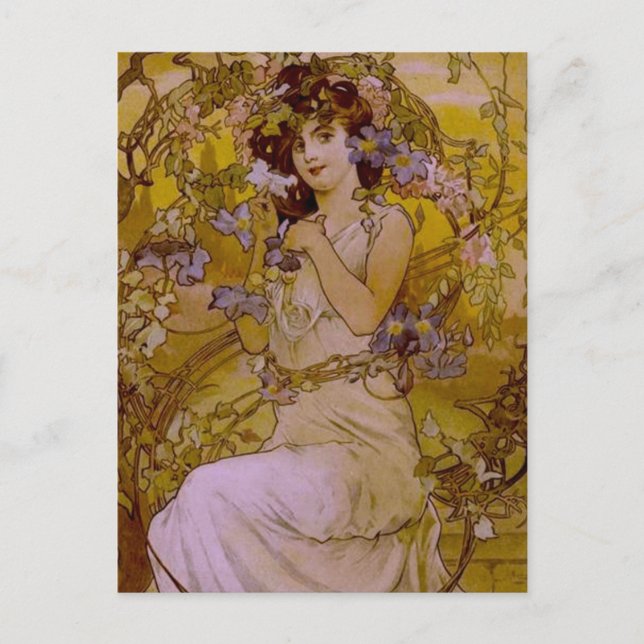 Cartão Postal Art Nouveau Mulher com Clematis (Frente)