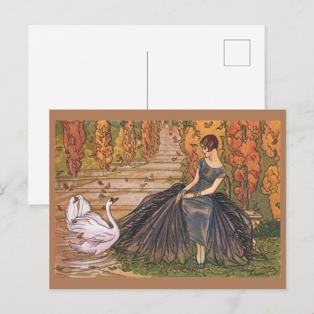 Cartão Postal Art Nouveau Mulher Swan Ilustração de arte de vint (Frente/Verso)