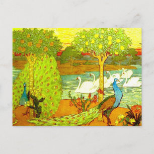 Cartão Postal Art Nouveau Peacocks e Swans