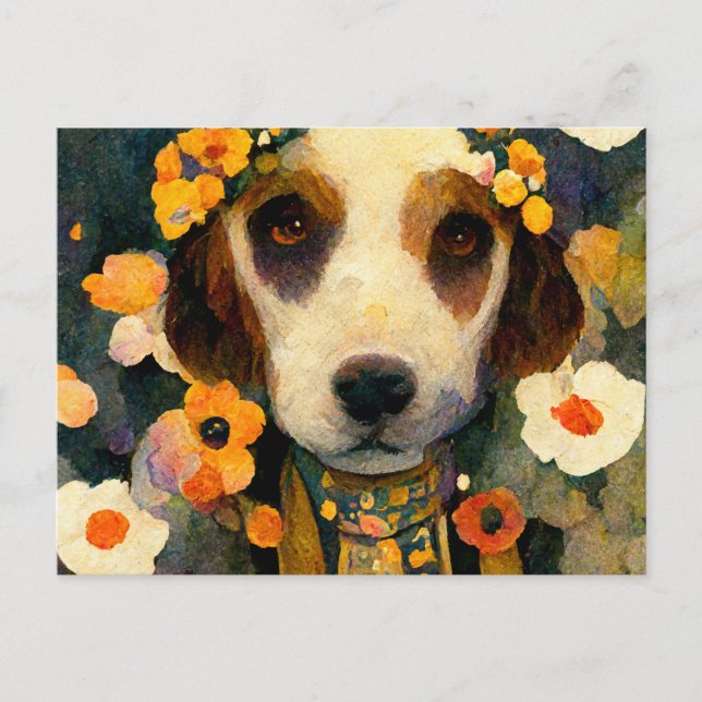 Cartão Postal Art Nouveau portrait of Beagle dog with flowers (Frente)