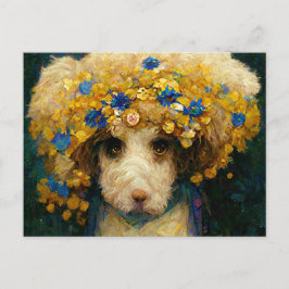 Cartão Postal Art Nouveau portrait of poodle dog with flowers