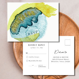 Cartão Postal Arte Abstrata em Aquarela Azul RSVP de Casamento Ú