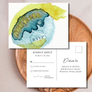 Cartão Postal Arte Abstrata em Aquarela Azul RSVP de Casamento Ú