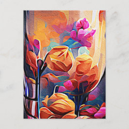 Cartão Postal Arte abstrata floral laranja vermelho azul flores