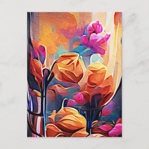 Cartão Postal Arte abstrata floral laranja vermelho azul flores