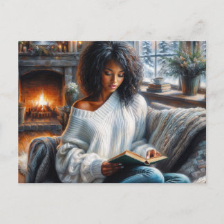 Cartão Postal Arte Aconchegante de Mulher Negra Leitura de Inver