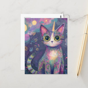 Cartão Postal Arte Adorável de Fantasia de Gatinho Unicorn