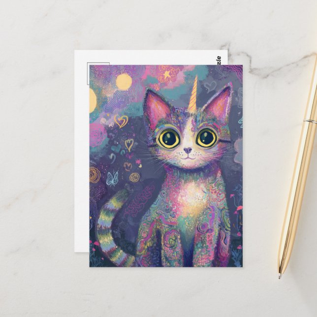 Cartão Postal Arte Adorável de Fantasia de Gatinho Unicorn (Frente/Verso In Situ)