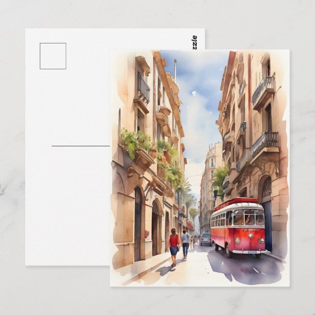 Cartão Postal Arte aquarela de Barcelona (Frente/Verso)