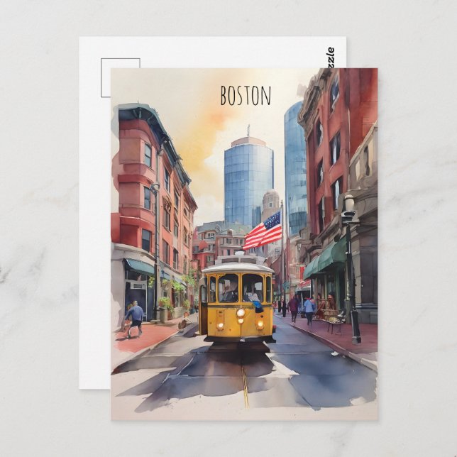 Cartão Postal Arte aquarela de Boston (Frente/Verso)