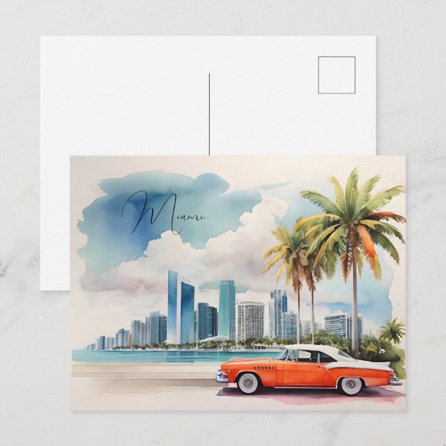 Cartão Postal Arte aquarela de Miami (Frente/Verso)