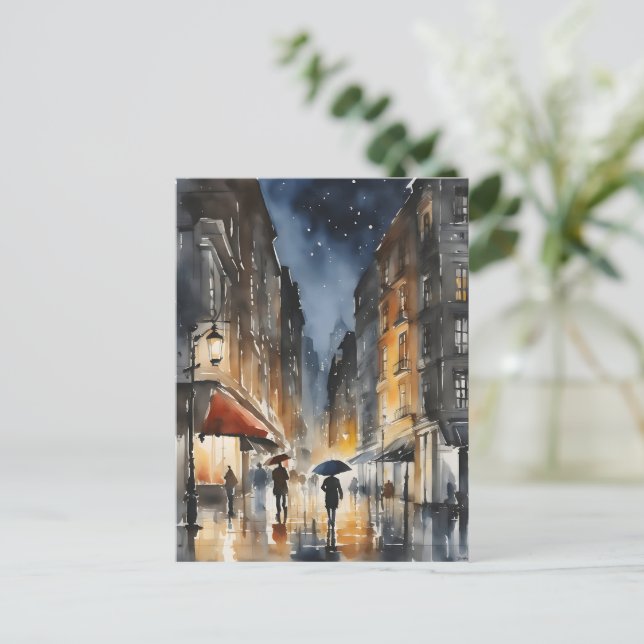 Cartão Postal Arte aquosa da cidade chuvosa (Em pé/Frente)