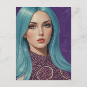 Cartão Postal Arte Azul Hair AI de minha própria colagem mestiça