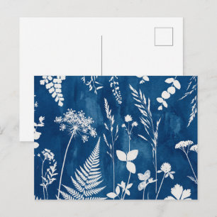 Cartão Postal Arte Botânica de Samambaia em Azul Cianotipia Índi