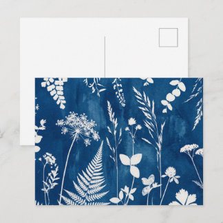Cartão Postal Arte Botânica de Samambaia em Azul Cianotipia Índi