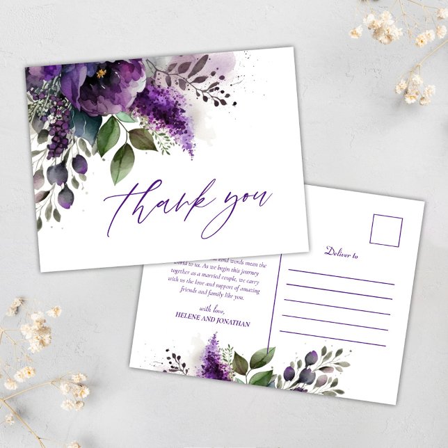 Cartão Postal Arte Botânica Moderna Elegante Casamento Obrigado (Modern Botanical Script Elegant Wedding Thank You Postcard)