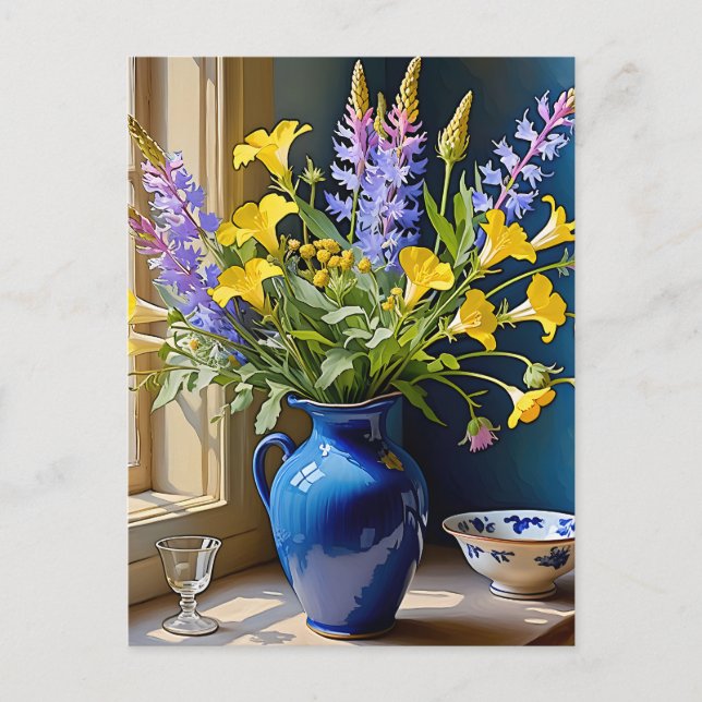 Cartão Postal Arte Buquê Amarela Azul (Frente)