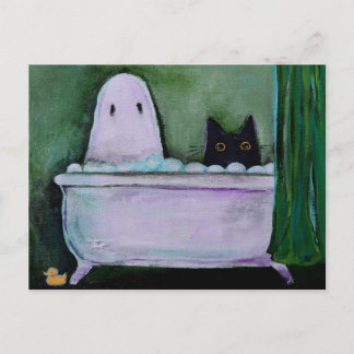 Cartão Postal Arte caprichosa de fantasma e gato na banheira eng