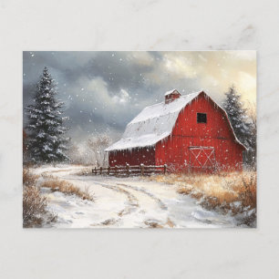 Cartão Postal Arte Cênica Rustic Red Barn Winter