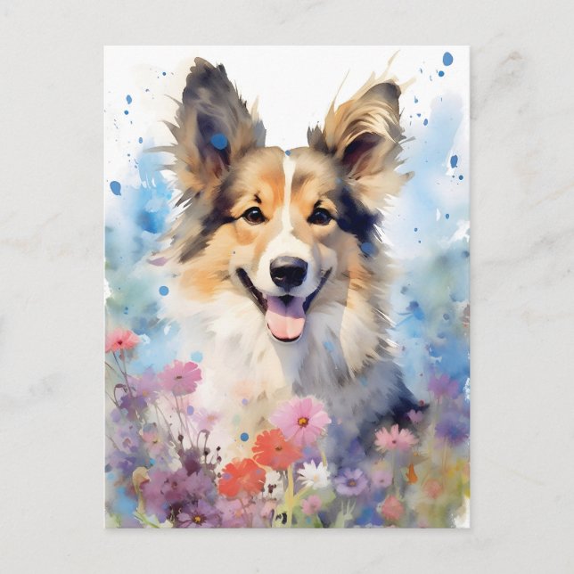 Cartão Postal Arte colorida em aquarela de Collie (Frente)