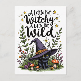Cartão Postal Arte Cottagecore de Gato Preto com Chapéu de Bruxa