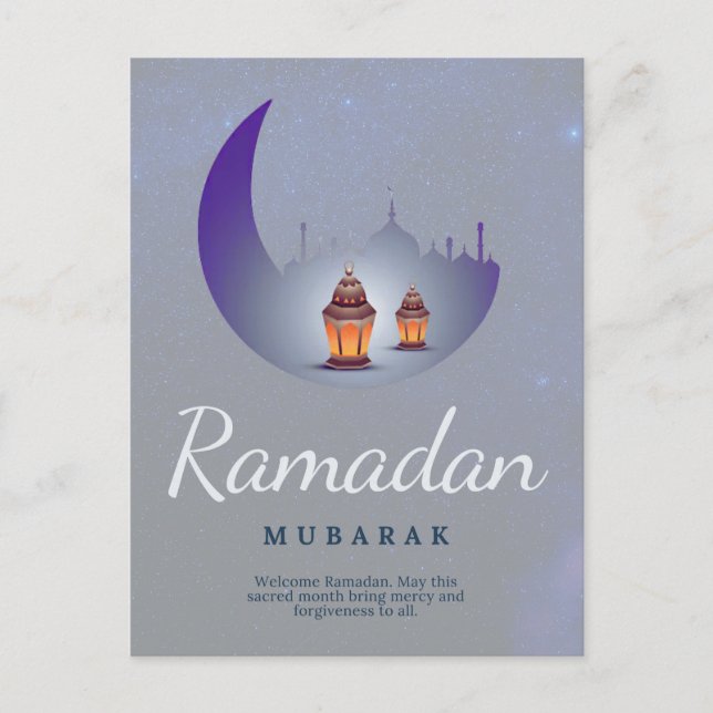 Cartão Postal Arte da Lanterna da Lua Crescente do Ramadan Mubar (Frente)