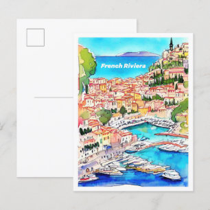 Cartão Postal Arte da Riviera Francesa Ilustração de Viagem Vint