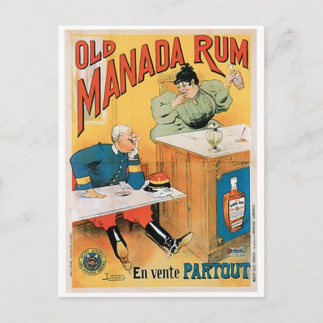 Cartão Postal Arte de anúncio de bebida vintage de Rum Old Manad (Frente)