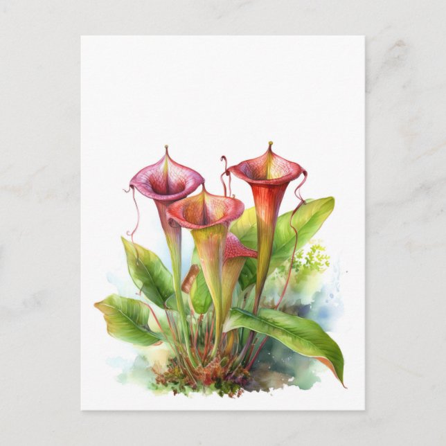 Cartão Postal Arte de Aquarela Botânica da Planta de Pitcher Car (Frente)