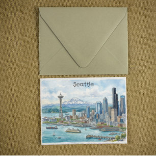 Cartão Postal Arte de aquarela da silhueta de Seattle Washington