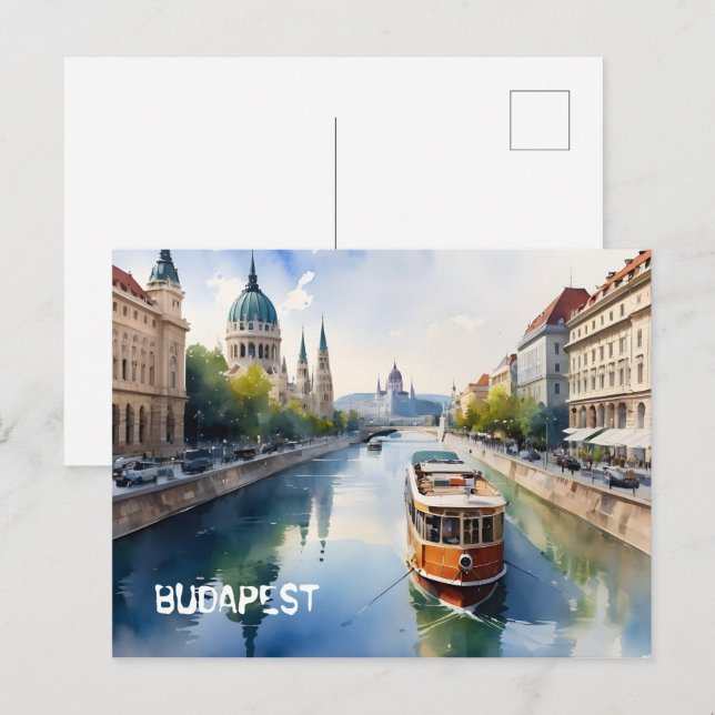 Cartão Postal Arte de aquarela de Budapeste (Frente/Verso)