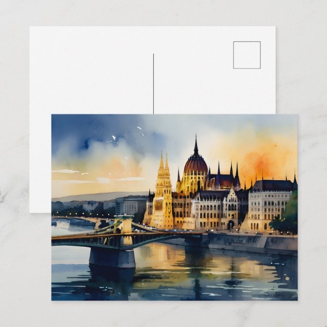 Cartão Postal Arte de aquarela de Budapeste (Frente/Verso)