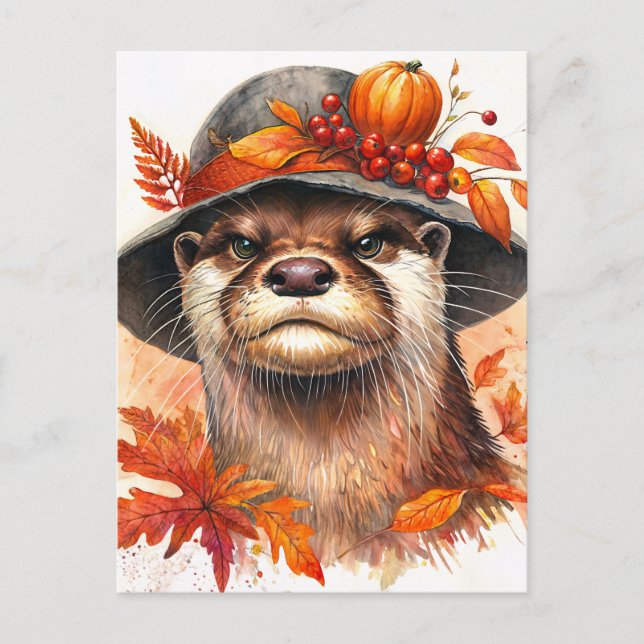Cartão Postal Arte de Aquarela de Outono Grumpy Otter (Frente)