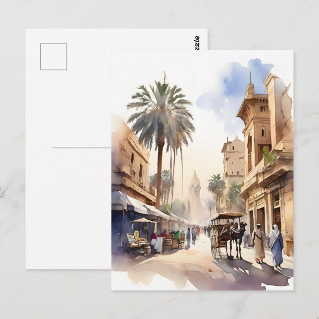 Cartão Postal Arte de aquarela do Cairo (Frente/Verso)