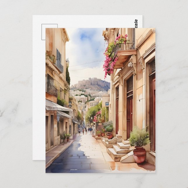 Cartão Postal Arte de aquarela Grécia de Atenas (Frente/Verso)
