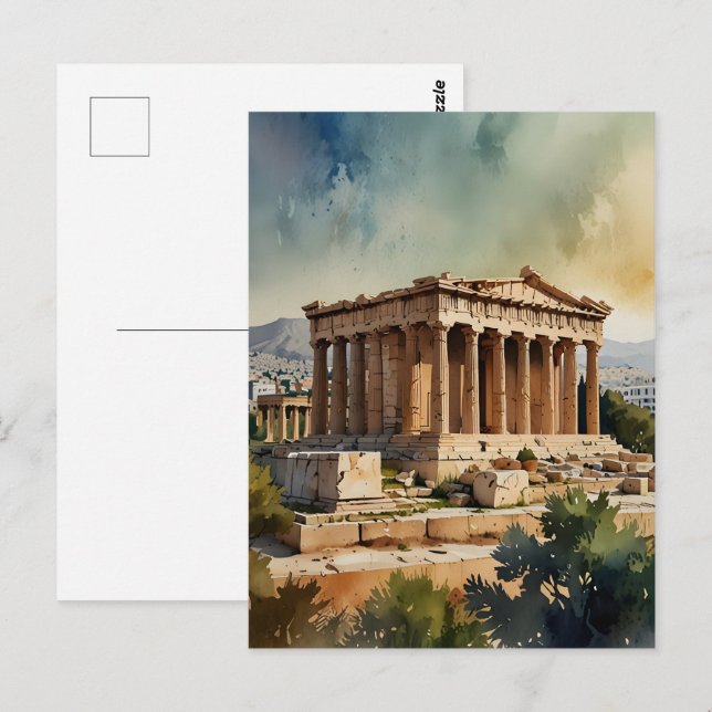 Cartão Postal Arte de aquarela Grécia de Atenas (Frente/Verso)