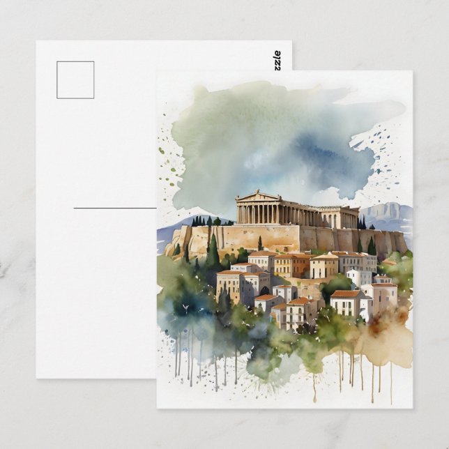 Cartão Postal Arte de aquarela Grécia de Atenas (Frente/Verso)