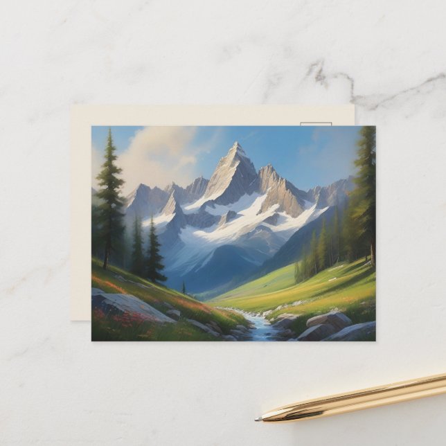 Cartão Postal Arte de Aquarela na Montanha Alpina (Frente/Verso In Situ)